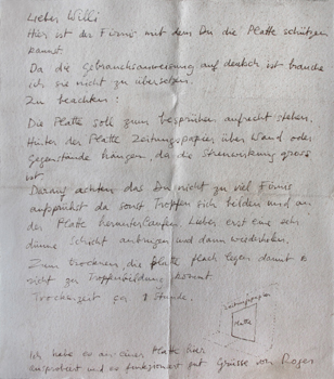 Recommandations manuscrites de Roger à Willi Schaper concernant la bonne conservation dans le temps de la matrice encrée et de sa présentation.