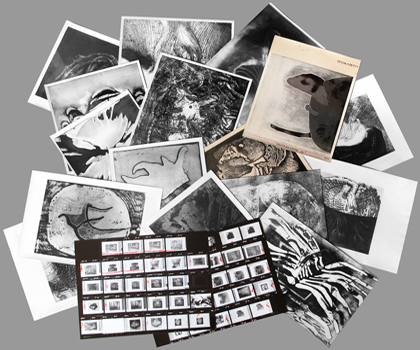 Quelques uns des tirages argentiques des photographies prises par Mark Antman dans l'atelier de l'artiste. Deux planches de photos de contact.
