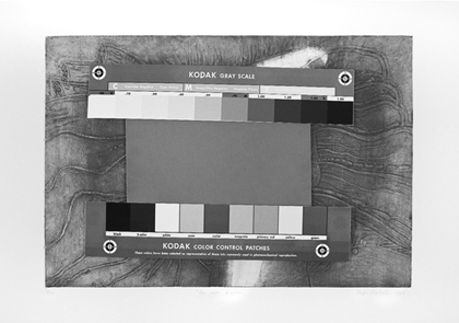 Photo pour étalonnage des gris et des couleurs sur la planche de la gravure Un rêve d'ailes de 1976.