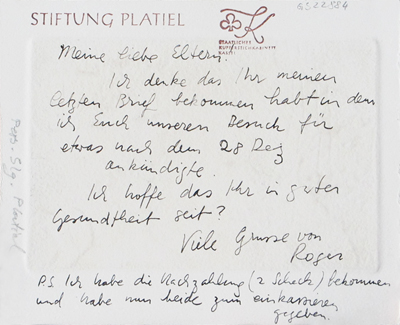 Verso de la gravure avec le mot manuscrit de Roger à ses parents.