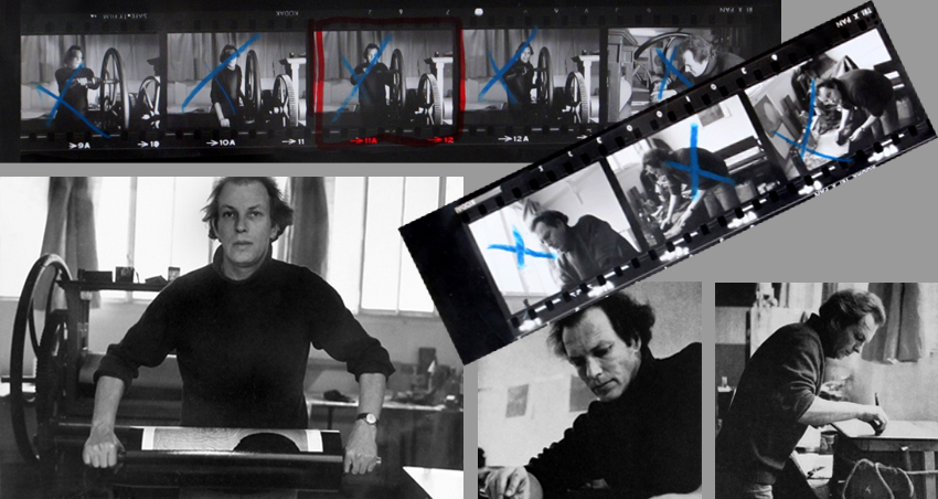 Quelques photos des planches de contact d'Hector Saunier. L'artiste au tirage de la gravure - Une vie libre - de 1974, puis gravant son cuivre Ă sa table d'atelier.